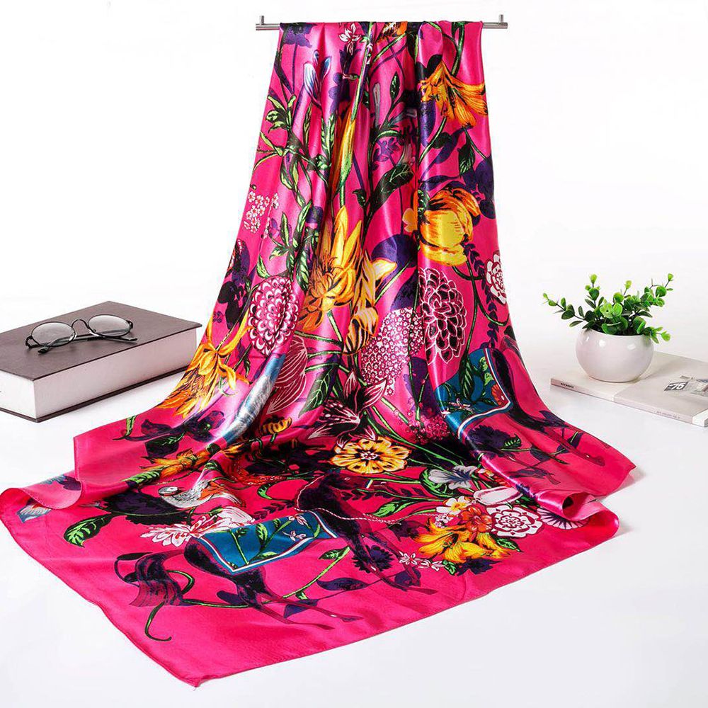 Bandana Scarf Satin Print Large Square Ladies Ornament Silk Gifts Floral Shiny Lady Women Muslim Shawl Hijab Rose Red