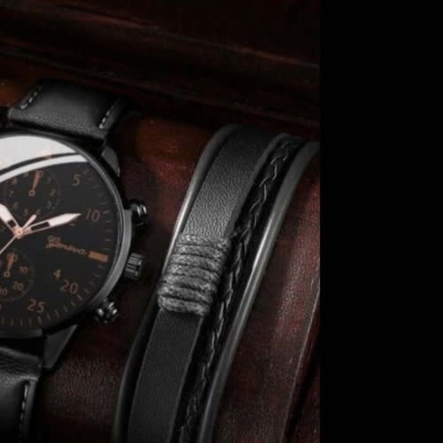 Leather Watch With Two Bracelets And A Bead - Black