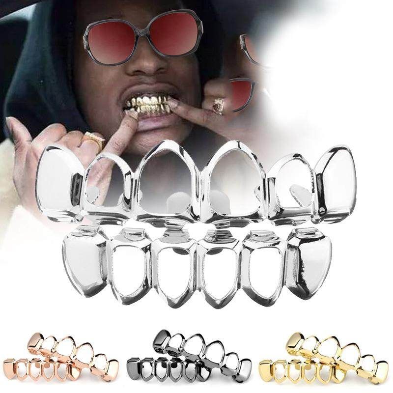 Gold Silver Plated Custom Fit Hip Hop Teeth Grills Top Bottom Grills Teeth Mouth Black (black)