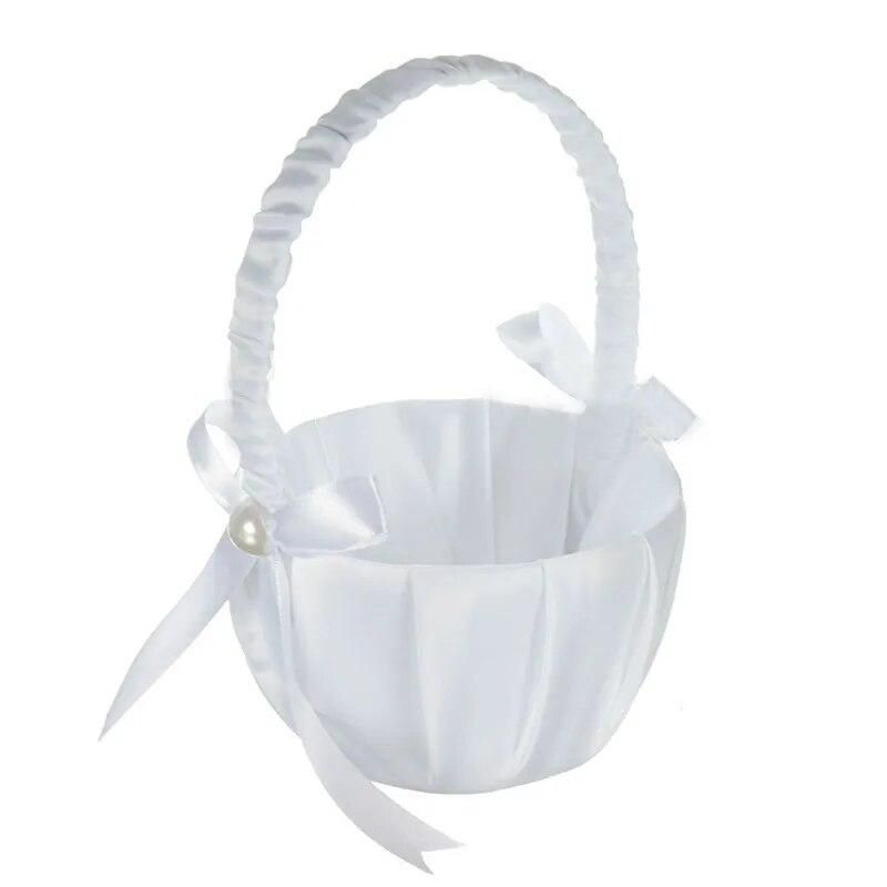 Romantic White Satin Bowknot PEARL Flower Girl Basket Wedding Ceremony Party
