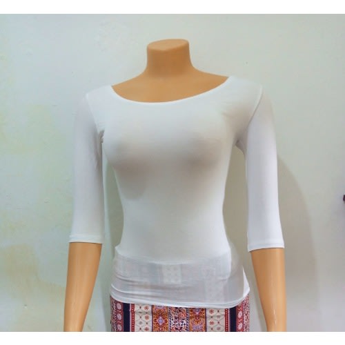 Ladies Round Neck Body Hug Top 3/4 Sleeves - White