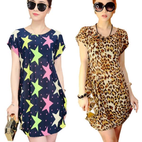 2 in 1 Ladies Star Print + Leopard Print Ice Silk Mini Top Blouse
