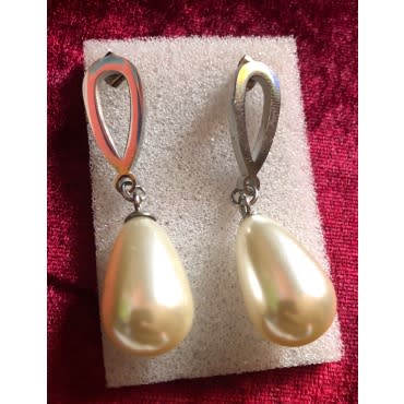 Pearl Stainless Steel Drop Earrings -Silver