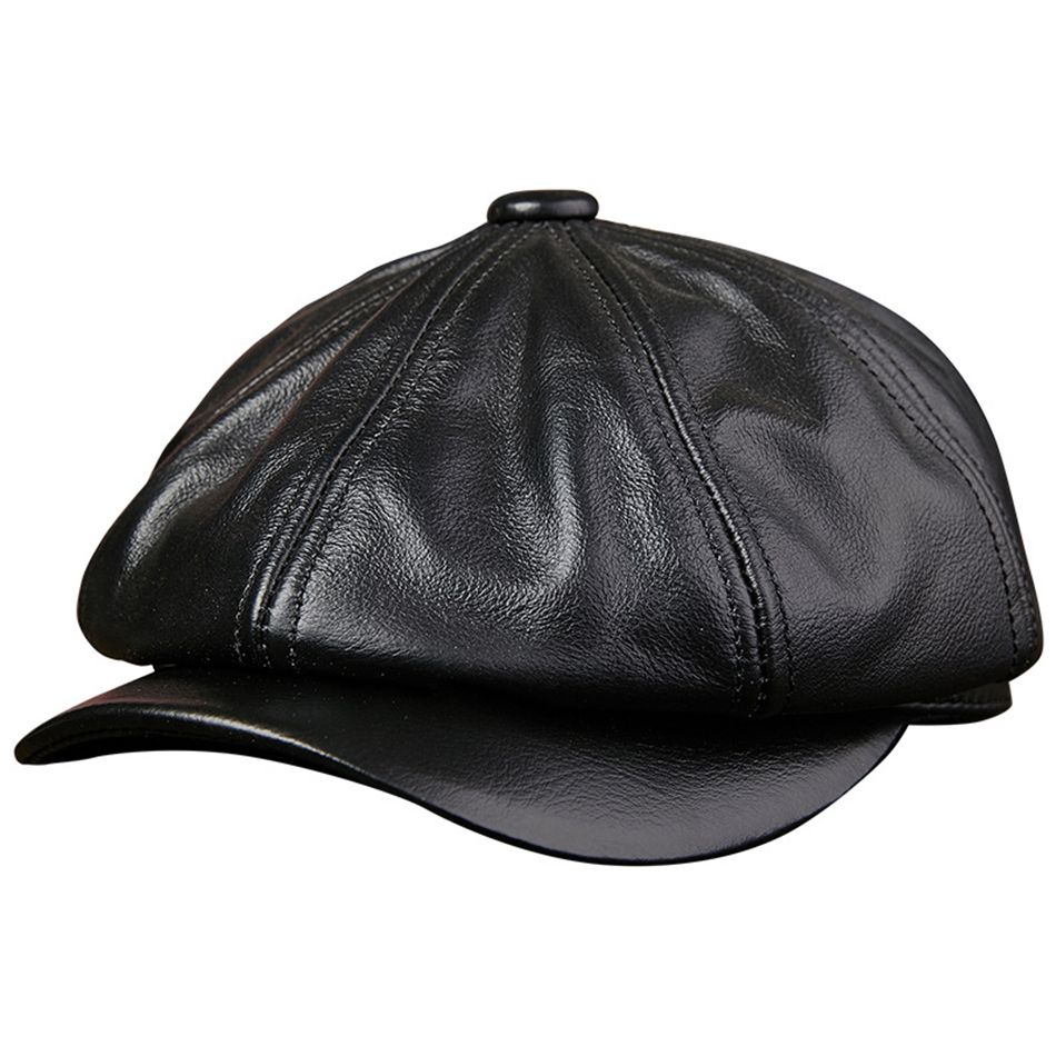 Black Newsboy Hats For Men Genuine Cowskin Leather Octagonal Cap Male Autumn