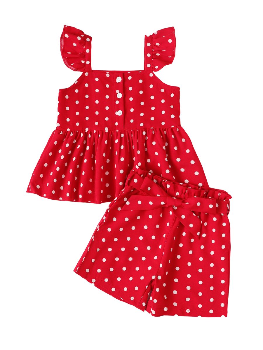 1-6 Years Kid Girl 2PCS Suit Set/Ruffle Polka Dots Sleeveless Shirt+Shorts