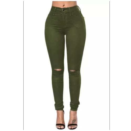 Olive Green Slit Knee Denim Pants