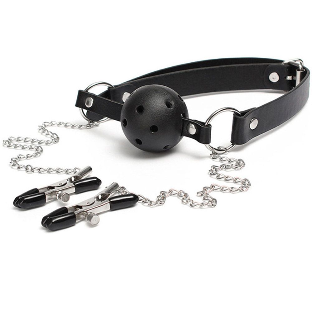 Mouth Ball Gag Nipple Clips Leather Strap SM Bondage Sex Toy