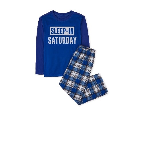 Boys Sleep In Saturday Plaid Cotton Snug Long Sleeve Pyjamas Sleepwear- Blue