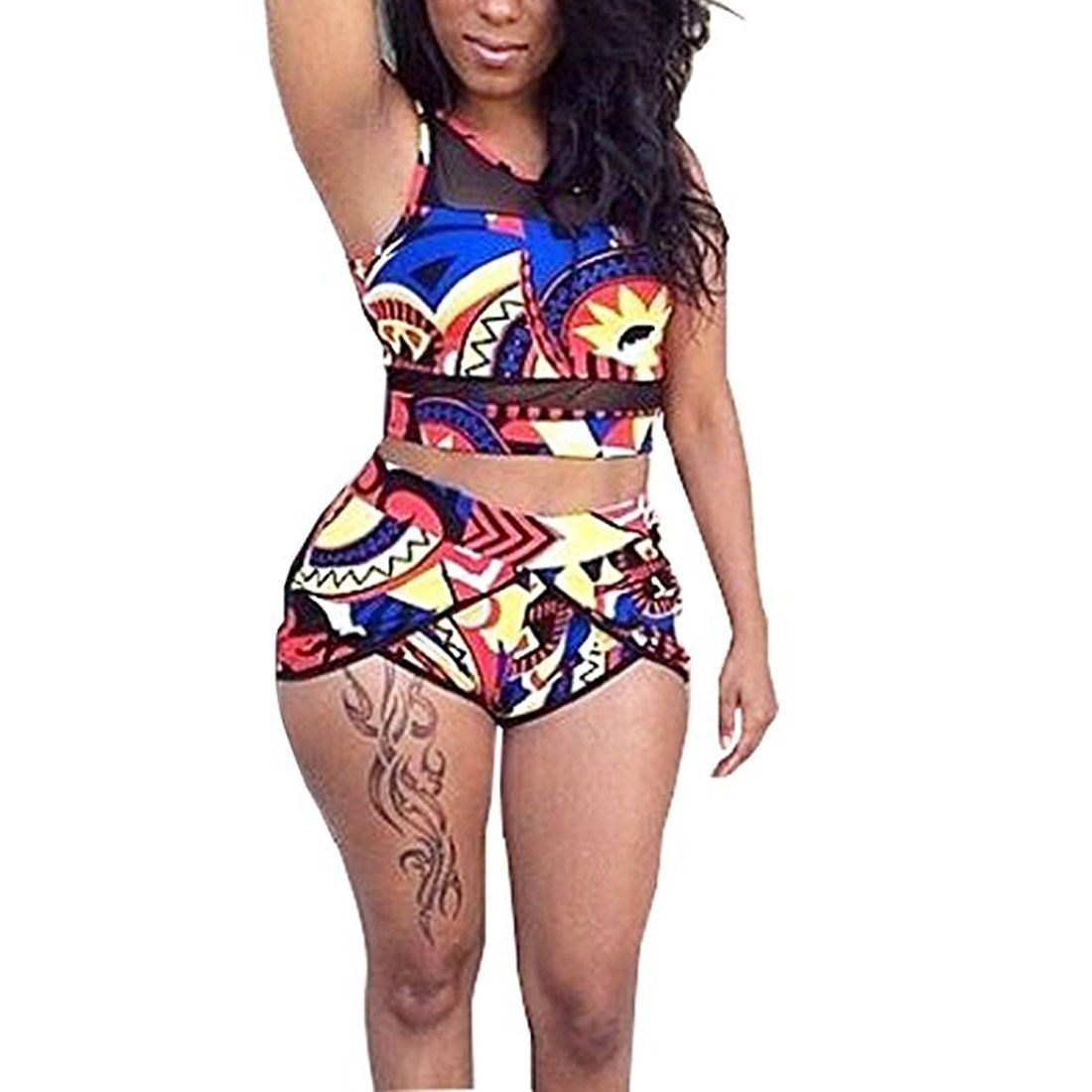 2019 Women High Waist Neck Mesh Bikini Swimsuits 3XL Plus Size Swim Wear Bathing Suit African Print Biquini Two 2 Piece Swimwear(mesh Swimsuit)