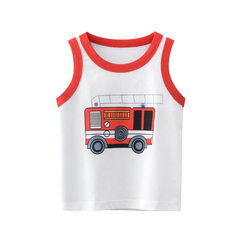 100% Cotton Kid Car Print Sleeveless Tank Tops-White