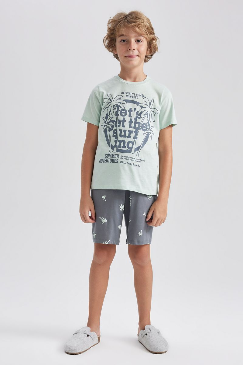 2 Piece Boy Special Collection Regular Fit Crew Neck Short Sleeve Knitted Pyjamas - Green