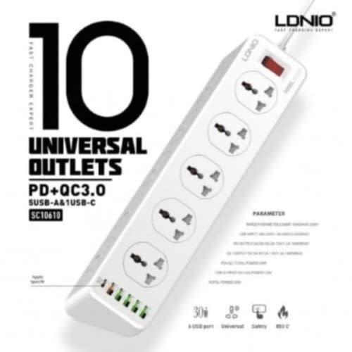 Ldnio Surge Protection 6-Port USB Charger With 10 Outlets - 30W - SC10610 White
