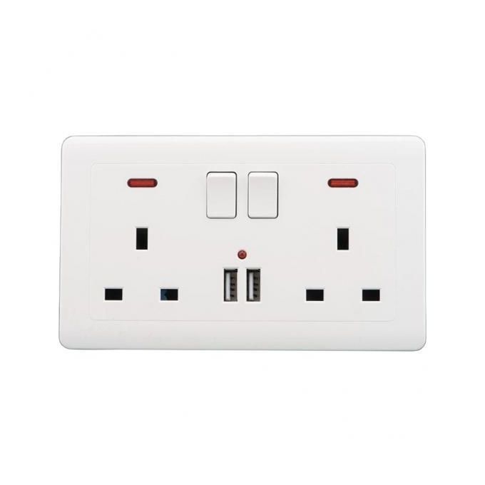 4xDouble Wall UK Plug Socket 2 Gang 13A 2 USB Charger Port Plate White