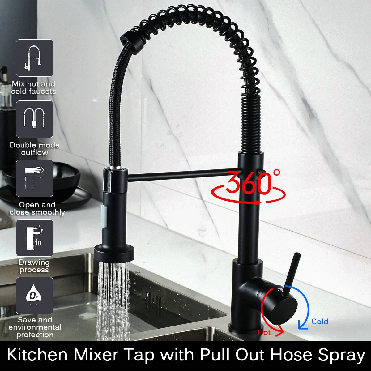 Bathroom Faucet 360&deg; Rotating Chrome Copper With Pull Down Hose Spray Single Handle Lever Hot And Cold Tap Water Basin Kitchen Sink Wash Home Black