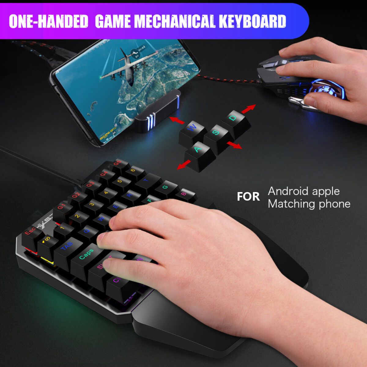 One-Handed RGB Backlight Mechanical Gaming Keyboard 35-keys USB Wired For PC Gamer Mobile Game Black