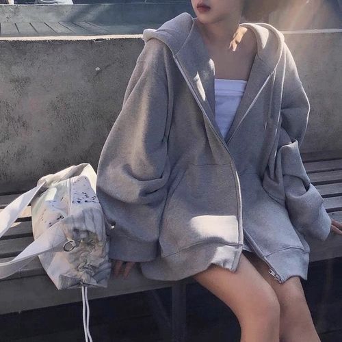 Oversized Zip Up Hoodie Women Plain Korean Fashion Simple Sweatshirt Pockets Big Size 5xl Poleron Baggy Solid Hoodie Drawstring(#grey Hoodie)
