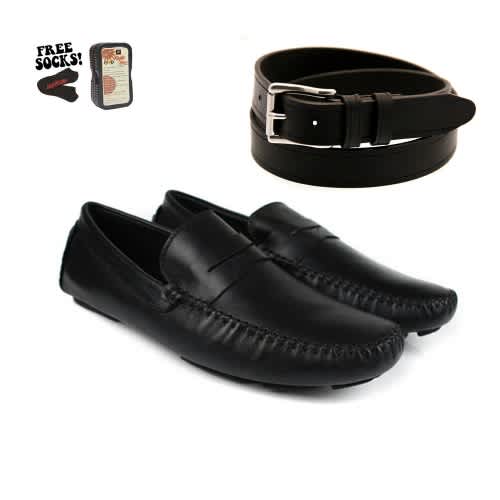 Men's Plain Genuine Leather Loafers - Black + Leather Belt Black & Free Gifts