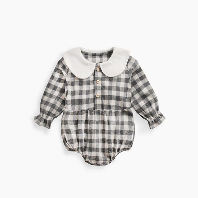 Autumn And Winter Baby Long Sleeves Triangle Onesies Plaid Baby Jumpsuit-Gray And White-12-18月