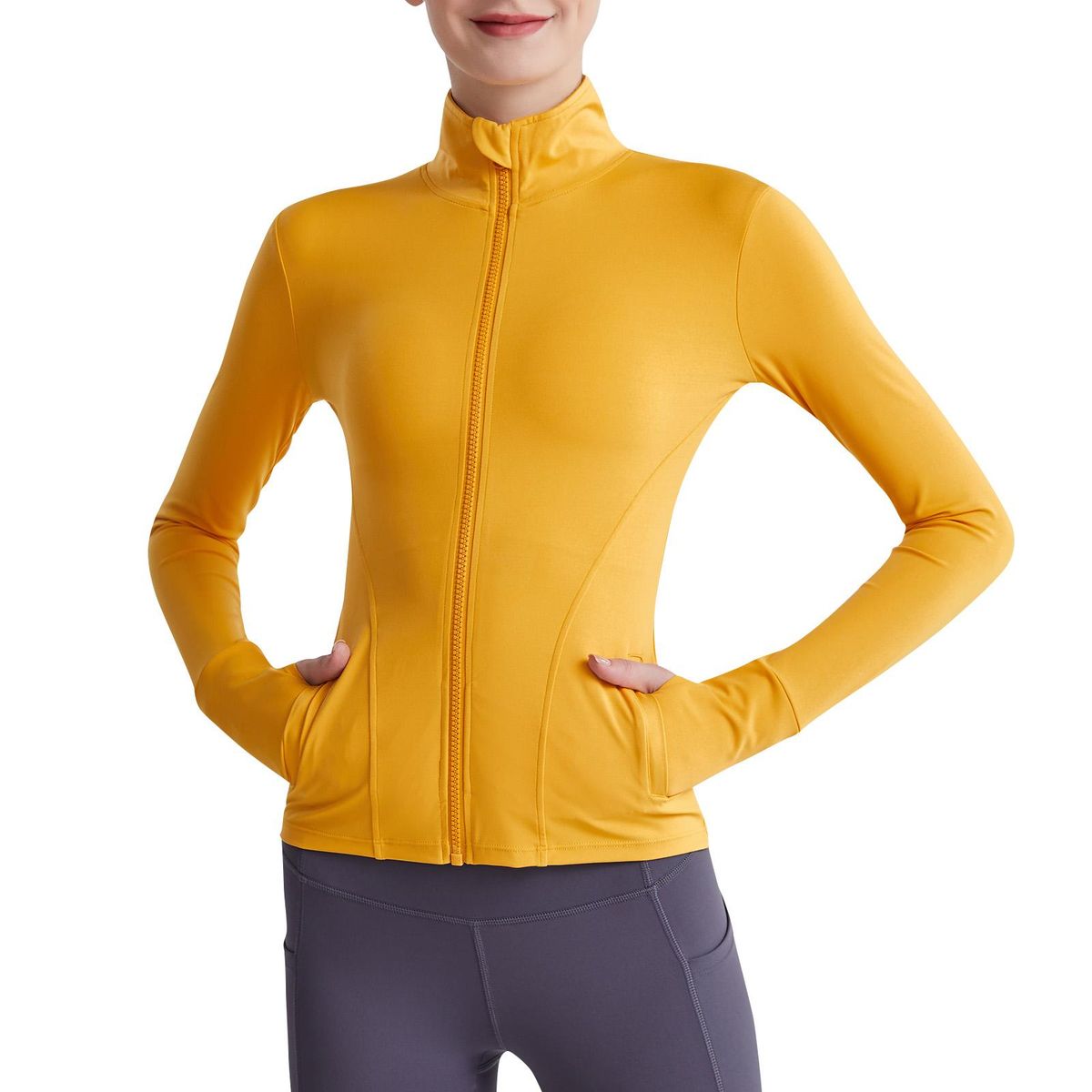 Women Sport Jackets Full Zip Thumb Holes Pockets Running Fitness Yoga Slim Tops
