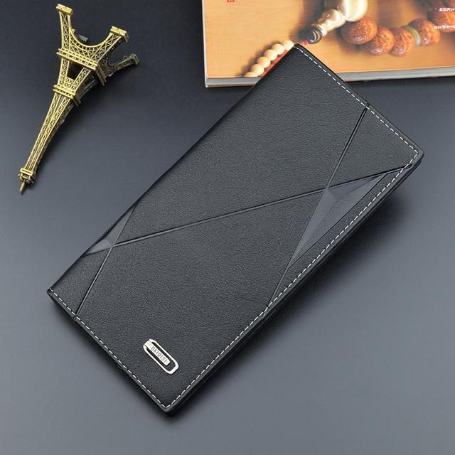 Cartera suave para hombre billetera con ranura para tarjetas 3 pliegues gran capacidad en relieve a la moda larga y delgada para jovenes PU nueva-Black