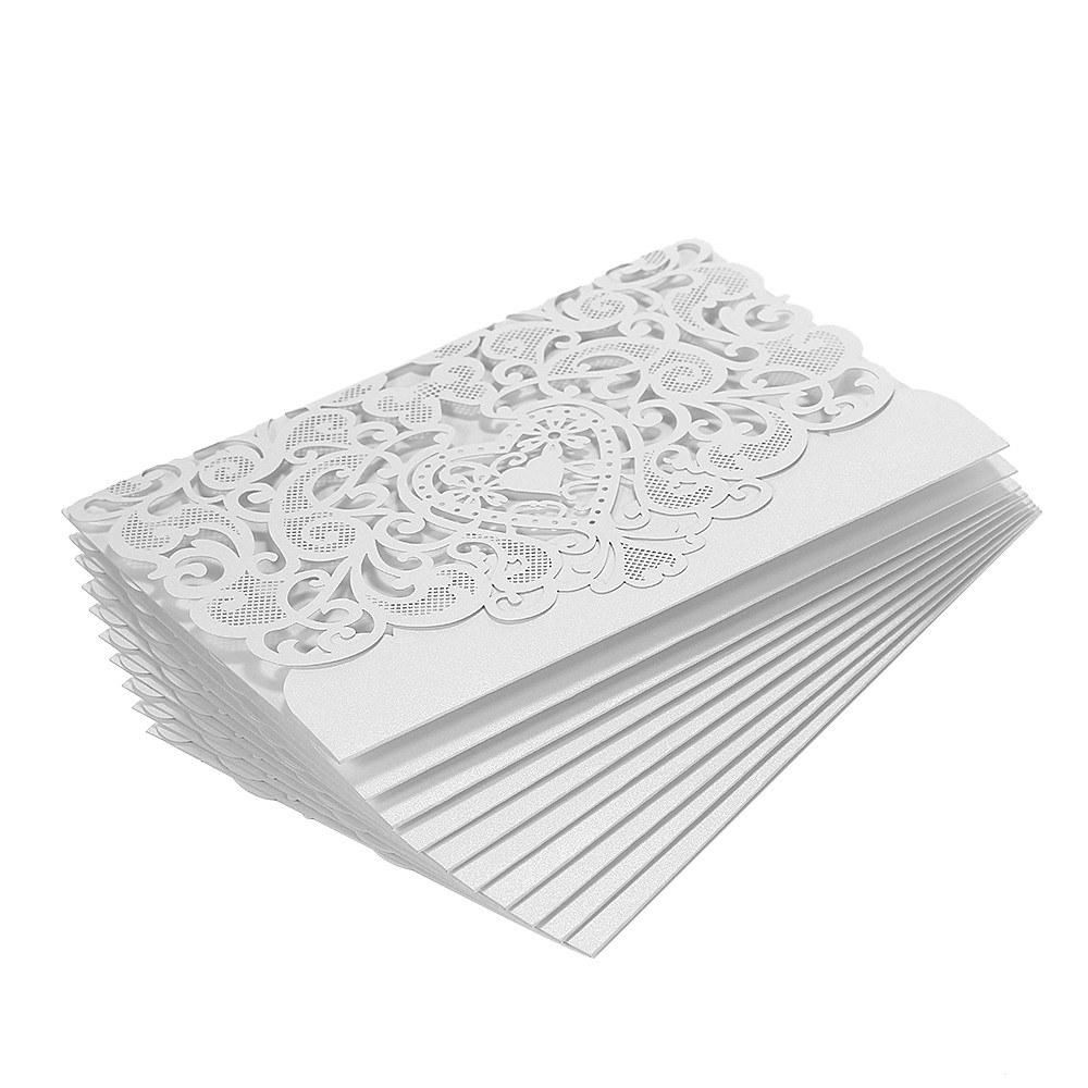 10pcs/set Wedding Invitation Card Cover Pearl Paper Laser Cut Hollow Heart Pattern Invitation Cards Wedding Anniversary Supplies--White