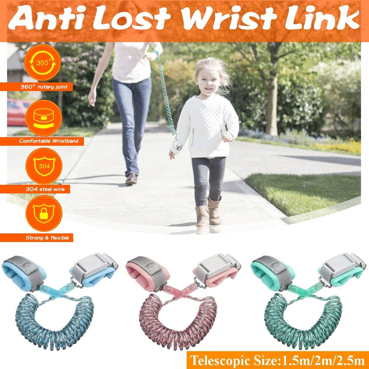 Kids Anti Lost Anti-lost Rope Wrist Link Strap Traction Rope With Induction Lock Toddler Leash Safety Harness For Kids Baby Child 1.5/2/2.5M Green 2.5m