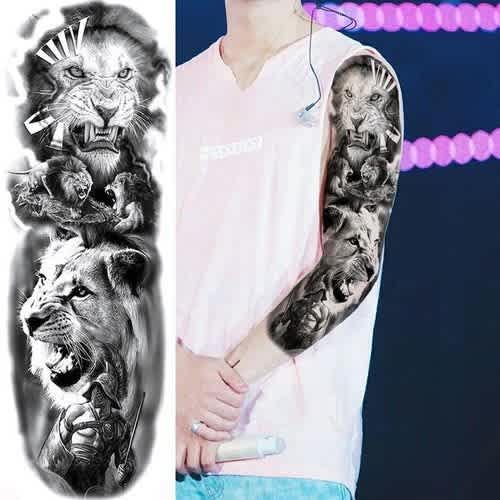 Roman Numerals Lion Patter - Full Arm Leg Temporary Waterproof Tattoo Sticker