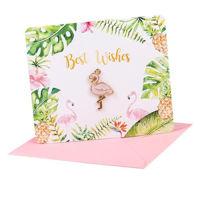 Paper Greeting Card W / Metal Flamingo Decor Birthday / Christmas /
