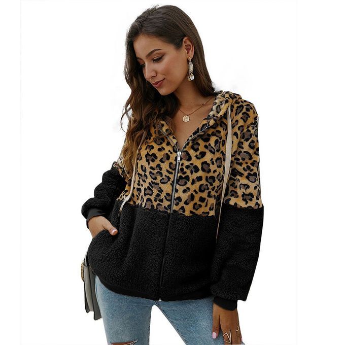 Fashion Women Leopard Stit Hing Hodded Ja Ket Tops Winter Long Sleeve Ja Ket-black-L