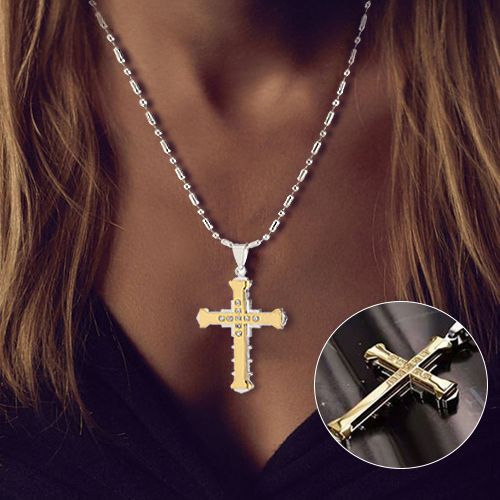A Stylish Unisex Gold Crystal Cross Titanium Necklace