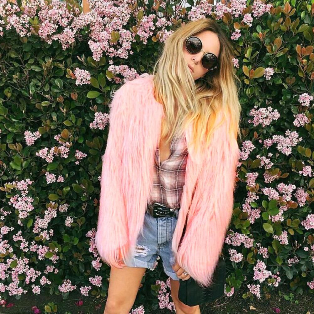 Winter Women Coat Solid Color Long Sleeve Fluffy Outerwear Short Jacket Hairy Warm Overcoat