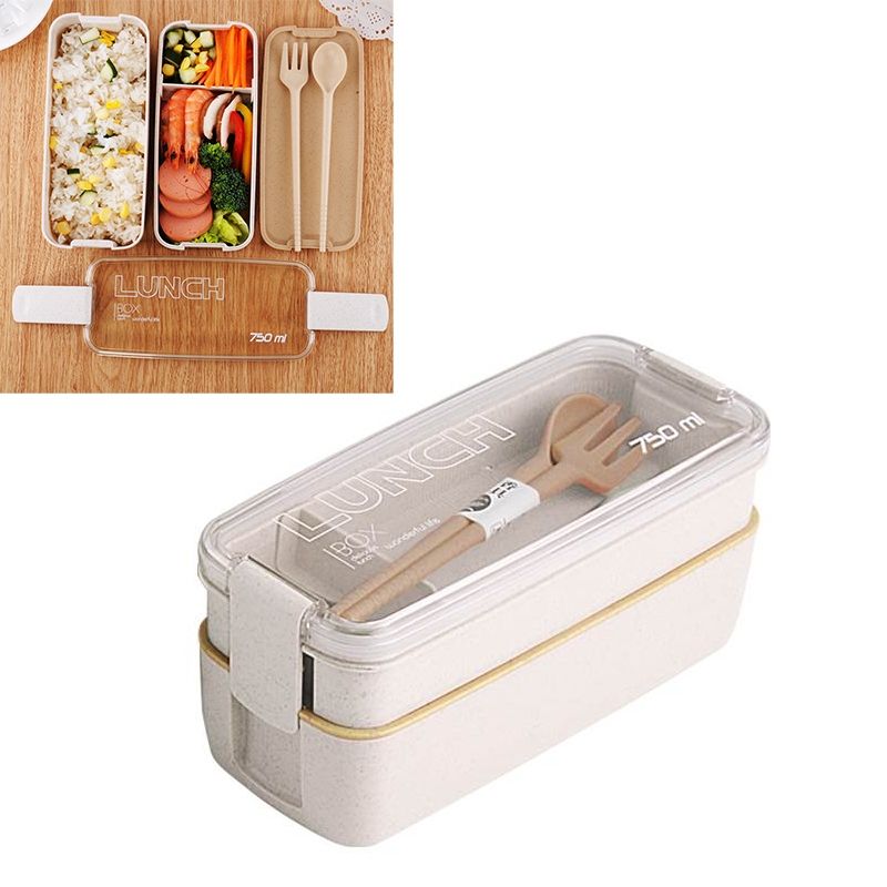 750ml Healthy Material Wheat Straw 2 Layer Lunch Box Dinnerware Food Storage Bento Container Microwave Lunchbox(Beige)