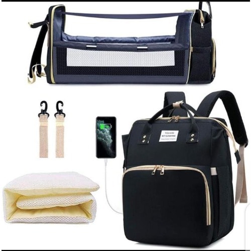 Multifunctional Foldable Baby Travel Diapers Bag With Bed Crib - Black