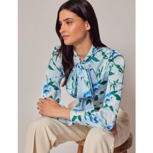 Blue & White Floral Satin Pussy Bow Blouse