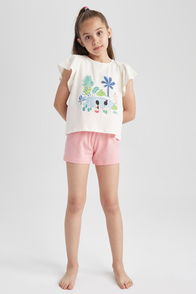 2 Piece Girl Special Collection Regular Fit Short Sleeve Knitted Pyjamas - Ecru