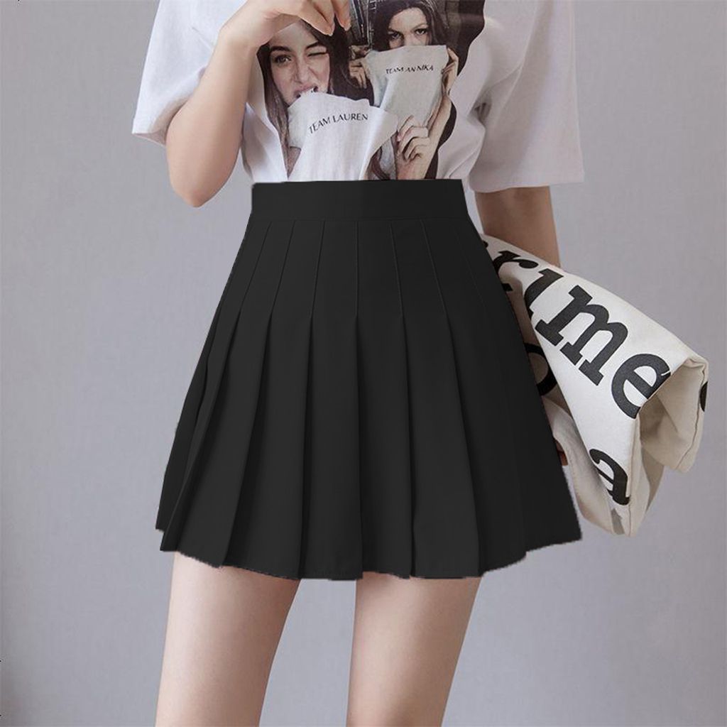 Womens Pleated Skirt High Waist Zip Lining Short Black S