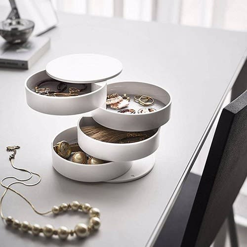 Rotating Jewelry Organizer With Mirror - White