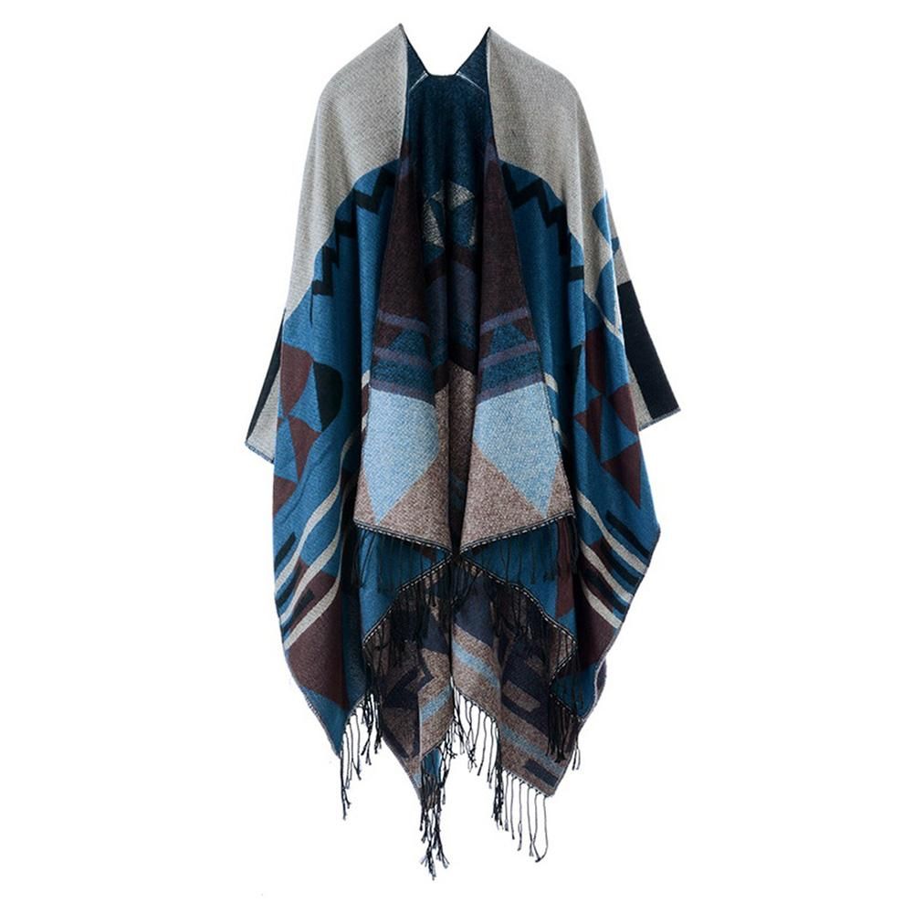 Women Knitted Shawl Poncho Faux Cashmere Geometric Pattern Tassel Oversized Long Bohemia Cape
