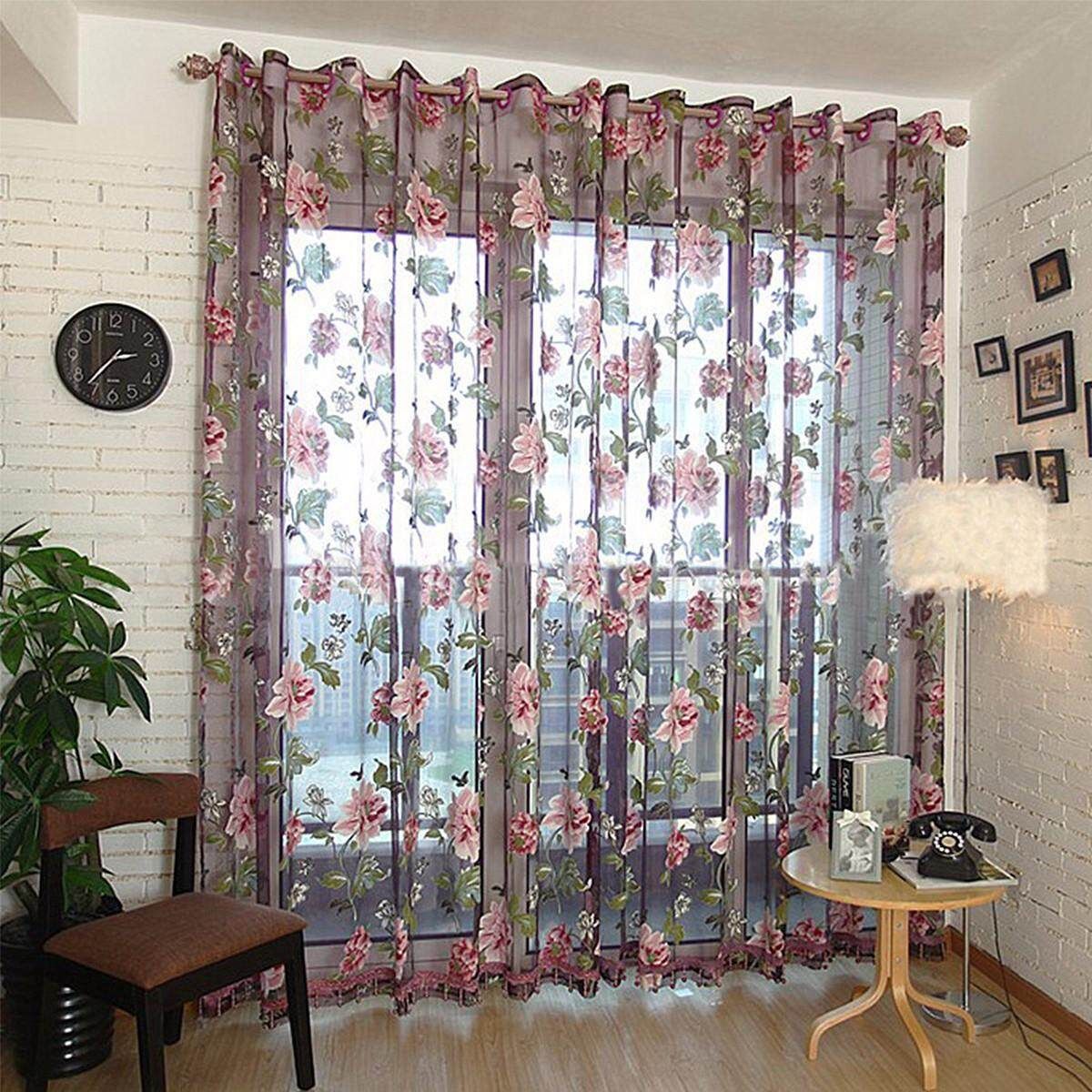 Newly Flower Curtain Panel Window Door Curtain Room Voile Drape Purple Pole