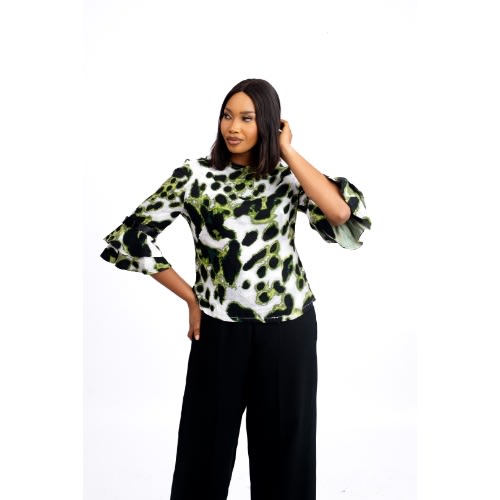 Animal Print Cotton Blouse. 3/4 Sleeve With 2-layer Flare Attachment  - Multi Green