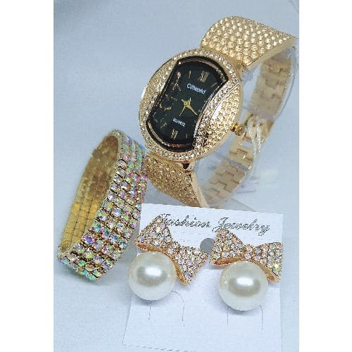 Ladies Wristwatch + Bracelet And Earring Set