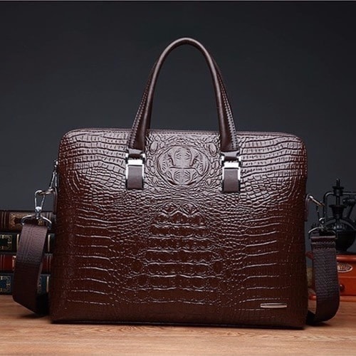 Men's Crocodile Skin Messenger Bag - Brown