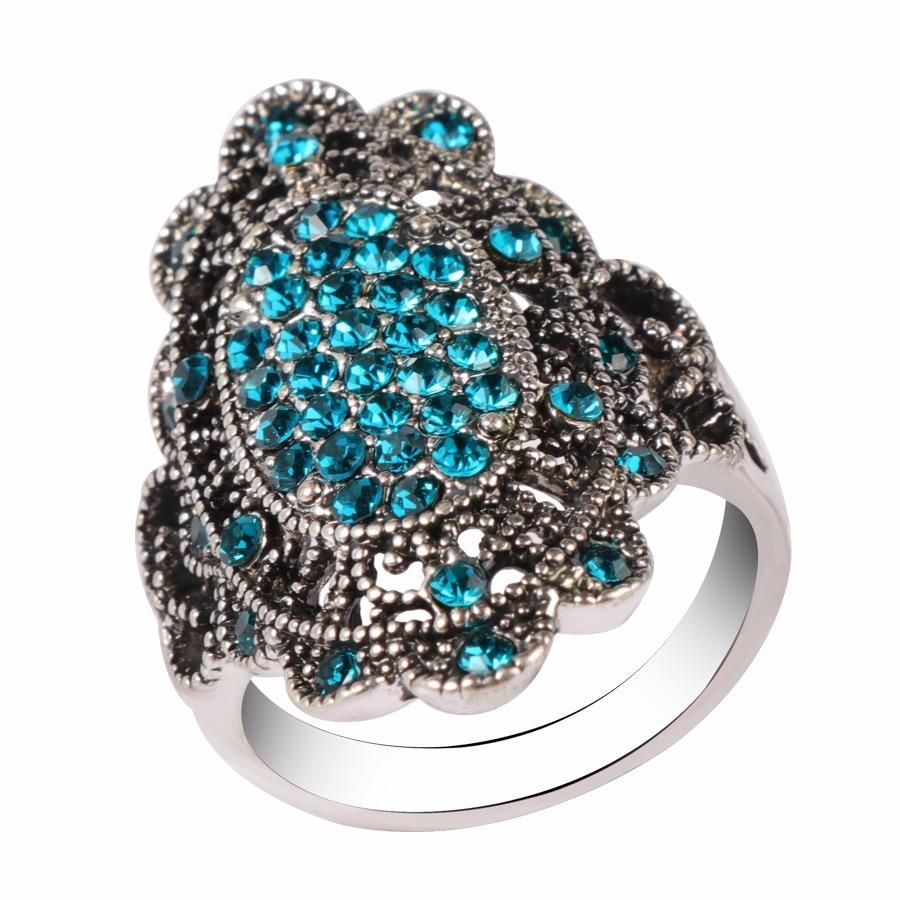 Vintage Colorful Crystal Finger Ring Hollow Alloy Oval