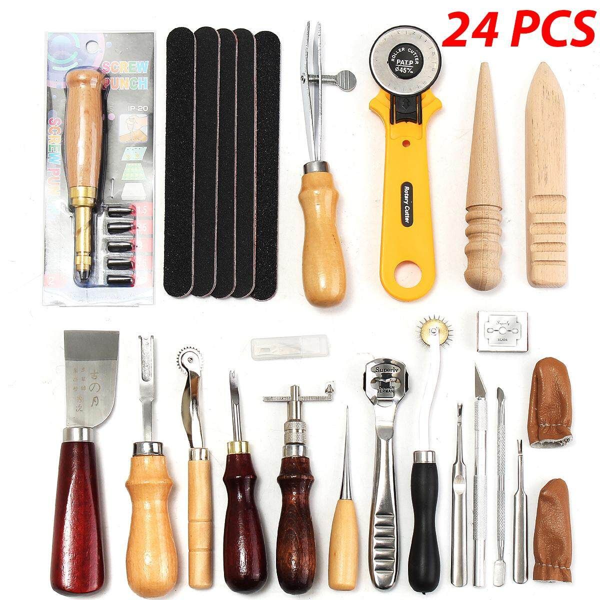 24Pcs Leather Craft Tool Hand Sewing Stitching Punch Carving Work Saddle Groover