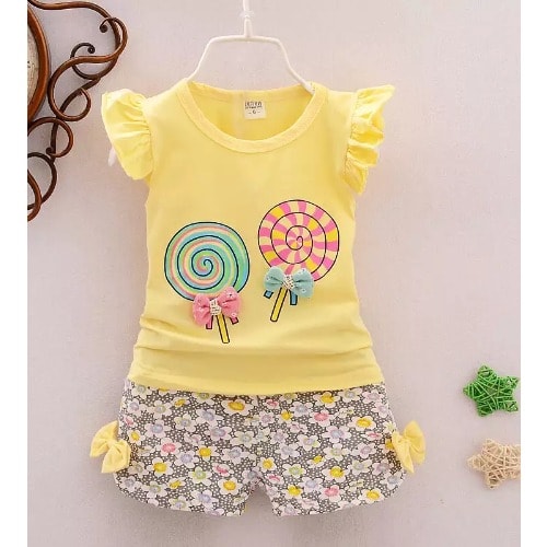 2Piece Girl's Lollypop Bow Top And Bowknot Short Set- Yellow