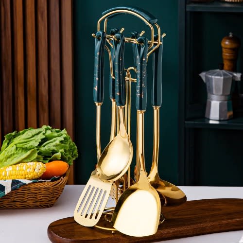 Stainless Steel Cooking Spoon Set - 7 Pieces -  Gold