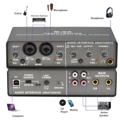 Audio Interface Sound Card With Monitor Mixing Console Singing Studio Recording