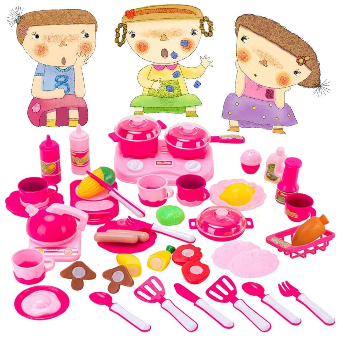 Pretend Kitchen Play Set For Kids 44 Piece Red Cooking Bake Food Toys Girls Boys