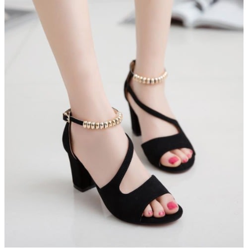 Classic Women Low Heel Wedge Buckle Sandals Shoes-black