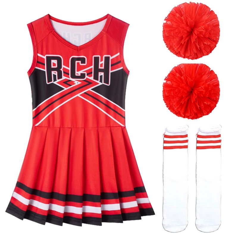Kids Girls Cheerleading Dance Clothes Set V Neckline Letter Print Patchwork Style Dance Dress Cheerleader Uniform Pompoms So